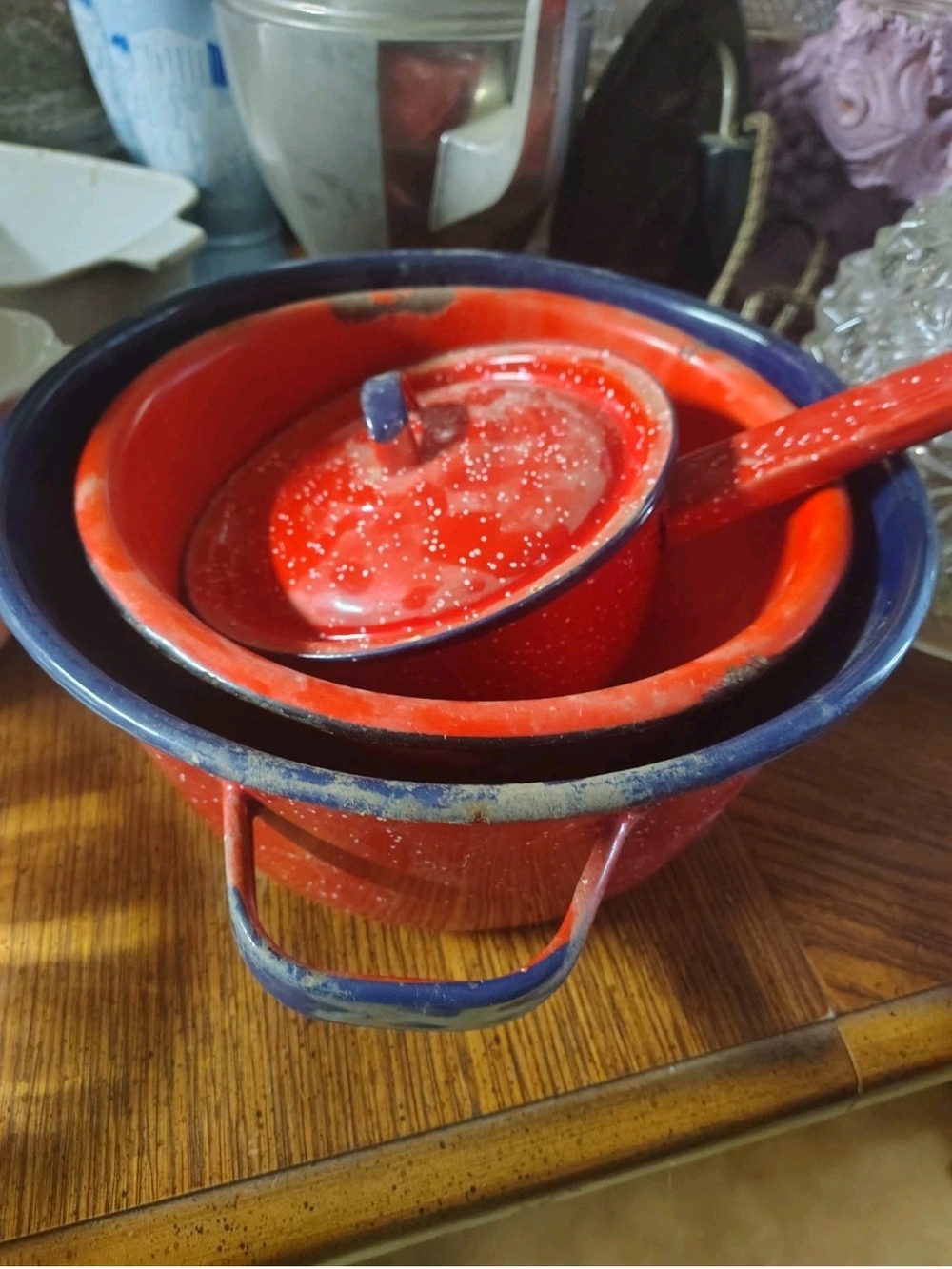 Red Enamelware Decorative Bowl Set with Ladle